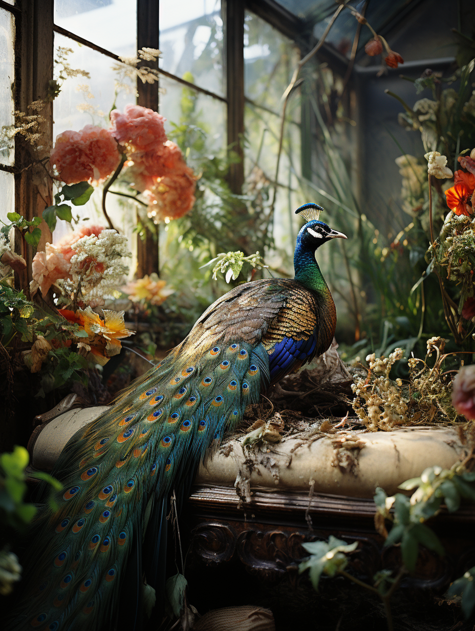 lucalagreca_a_peacock_on_the_floor._a_coloured_bird_on_sofa._mo_2d86da1c-c580-41dd-996f-72da26f6db74