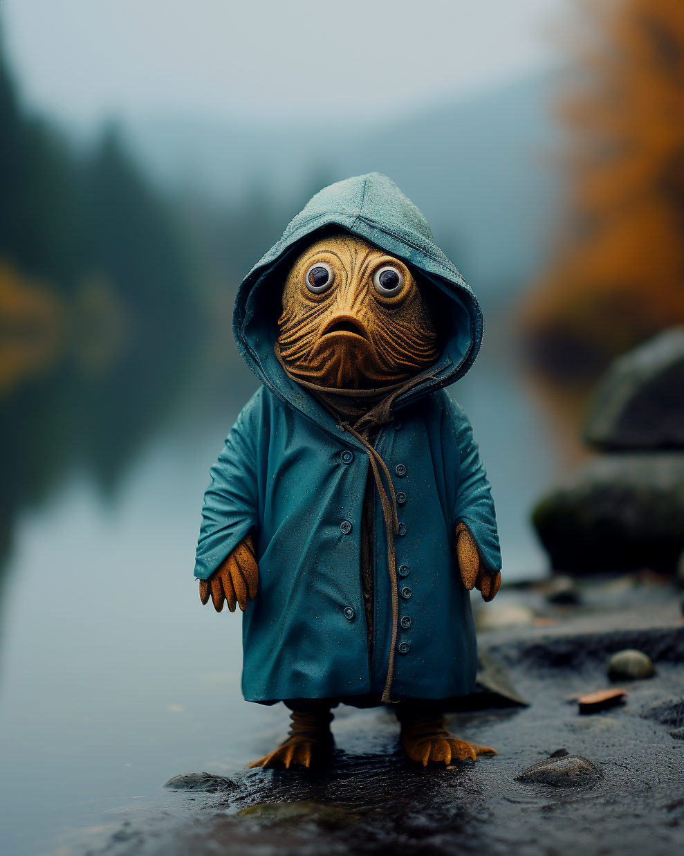 lucalagreca_an_blue_toy_alien-fish_figure_in_a_long_jacket_and__723677fe-e5f9-4597-b996-298c07fe212a